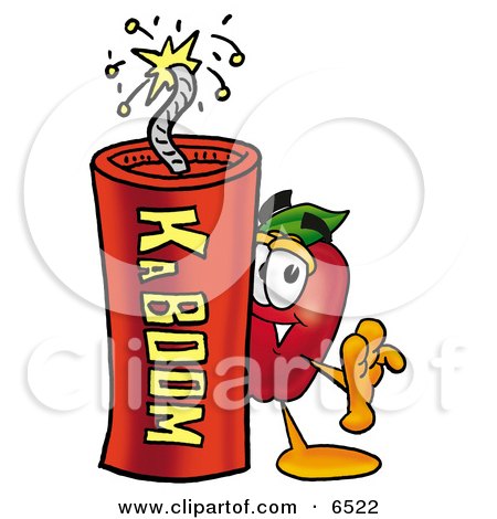 Red Apple Character Mascot Standing With a Stick of Dynamite Explosives Clipart Picture by Mascot Junction