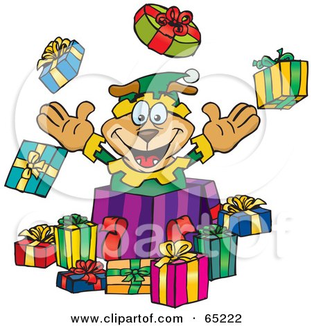 Royalty-Free (RF) Clipart Illustration of a Jolly Soarkey Dog Elf Popping Out Of A Gift Box, Surrounded By Christmas Presents - Version 1 by Dennis Holmes Designs