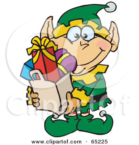 Royalty-Free (RF) Clipart Illustration of a Jolly Male Elf Carrying A Bag Full Of Christmas Presents by Dennis Holmes Designs