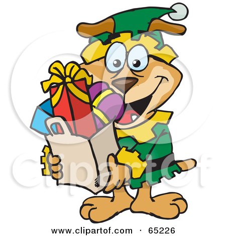 Royalty-Free (RF) Clipart Illustration of a Jolly Sparkey Dog Elf Carrying A Bag Full Of Christmas Presents by Dennis Holmes Designs