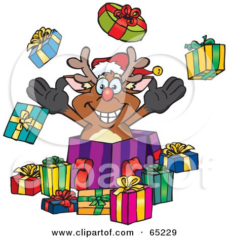 Royalty-Free (RF) Clipart Illustration of a Jolly Reindeer Popping Out Of A Gift Box, Surrounded By Christmas Presents - Version 1 by Dennis Holmes Designs