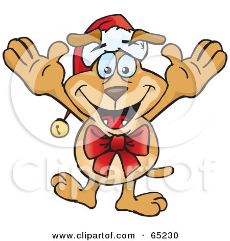 Royalty-Free (RF) Clipart Illustration of a Festive Sparkey Dog Wearing A Bow And Santa Hat by Dennis Holmes Designs