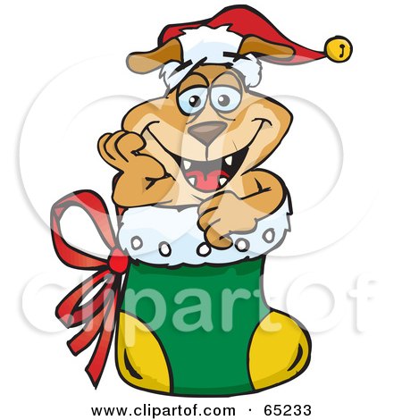 Royalty-Free (RF) Clipart Illustration of a Jolly Sparkey Dog Nestled In A Christmas Stocking by Dennis Holmes Designs