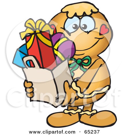 Royalty-Free (RF) Clipart Illustration of a Jolly Gingerbread Man Carrying A Bag Full Of Christmas Presents by Dennis Holmes Designs