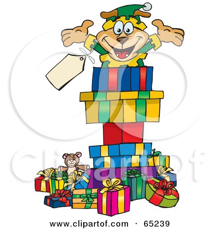 Royalty-Free (RF) Clipart Illustration of a Jolly Soarkey Dog Elf Popping Out Of A Gift Box, Surrounded By Christmas Presents - Version 2 by Dennis Holmes Designs