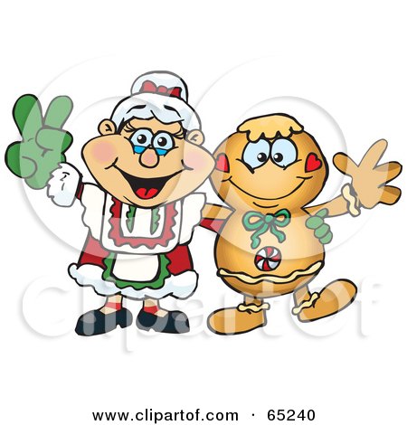 Royalty-Free (RF) Clipart Illustration of a Peaceful Mrs Claus And Gingerbread Man by Dennis Holmes Designs
