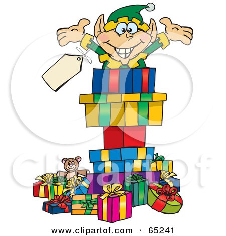 Royalty-Free (RF) Clipart Illustration of a Jolly Elf Popping Out Of A Gift Box, Surrounded By Christmas Presents - Version 2 by Dennis Holmes Designs