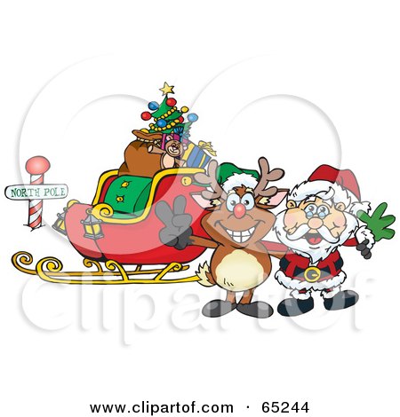 Royalty-Free (RF) Clipart Illustration of a Reindeer And Santa In Front Of A Sleigh At The North Pole by Dennis Holmes Designs
