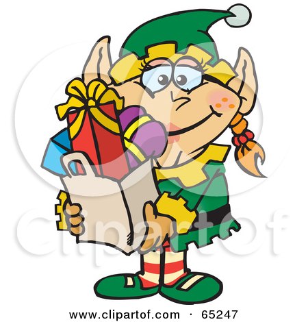 Royalty-Free (RF) Clipart Illustration of a Jolly Female Elf Carrying A Bag Full Of Christmas Presents by Dennis Holmes Designs