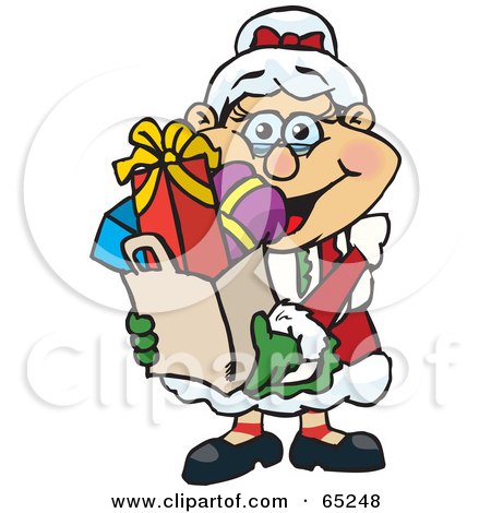Royalty-Free (RF) Clipart Illustration of a Jolly Mrs Claus Carrying A Bag Full Of Christmas Presents by Dennis Holmes Designs