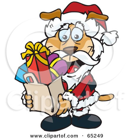 Royalty-Free (RF) Clipart Illustration of a Jolly Sparkey Dog Santa Claus Carrying A Bag Full Of Christmas Presents by Dennis Holmes Designs