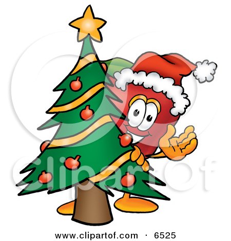 Red Apple Character Mascot With a Decorated Christmas Tree Clipart Picture by Mascot Junction