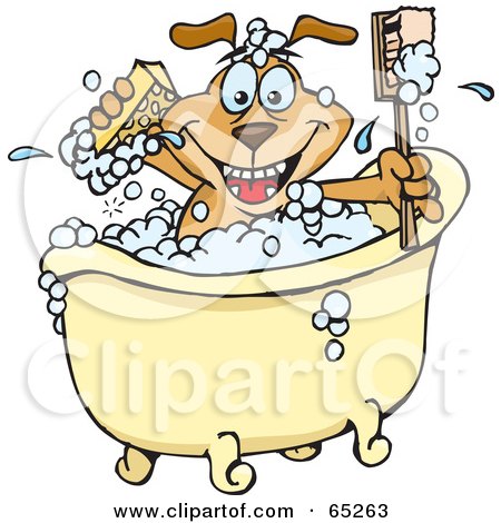 Royalty-Free (RF) Clipart Illustration of a Sparkey Dog Holding A Sponge And Brush While Bathing In A Clawfoot Tub by Dennis Holmes Designs