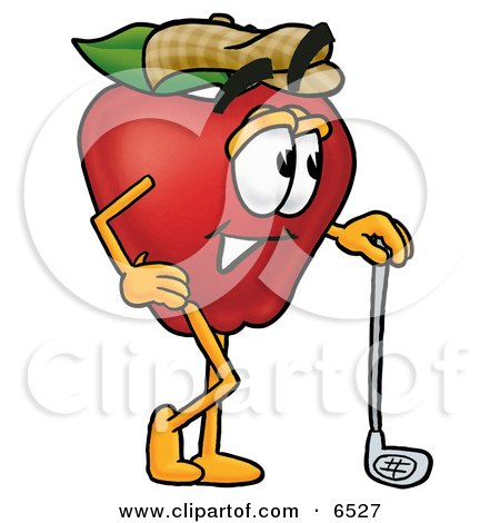 Red Apple Character Mascot Leaning on a Golf Club While Golfing Clipart Picture by Mascot Junction