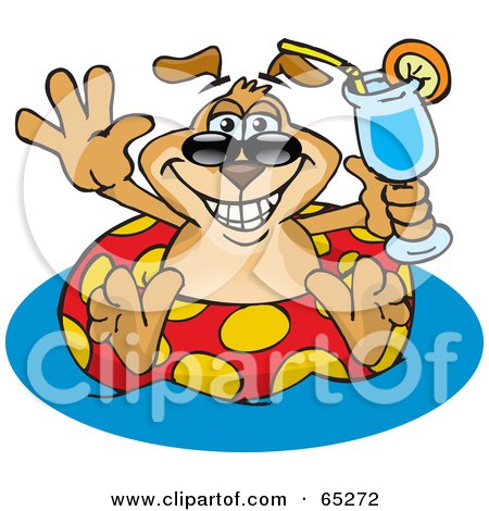 Royalty-Free (RF) Clipart Illustration of a Sparkey Dog Drinking A Beverage And Floating On An Inner Tube by Dennis Holmes Designs