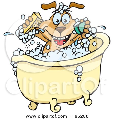 Royalty-Free (RF) Clipart Illustration of a Sparkey Dog Holding A Sponge And Bar Of Soap While Bathing In A Clawfoot Tub by Dennis Holmes Designs