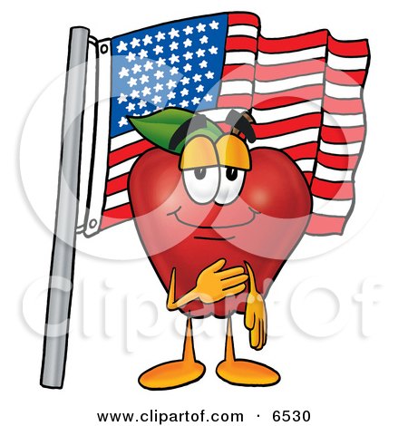 Red Apple Character Mascot Giving the Pledge of Allegiance in Front of an American Flag Clipart Picture by Mascot Junction