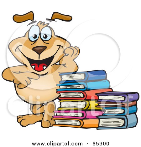 Royalty-Free (RF) Clipart Illustration of a Sparkey Dog Leaning On A Stack Of Books by Dennis Holmes Designs