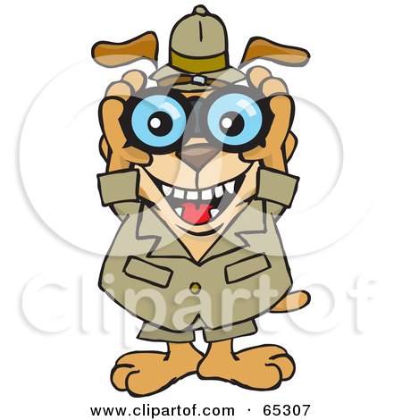 Royalty-Free (RF) Clipart Illustration of a Sparkey Dog Grinning And Peering Through Binoculars by Dennis Holmes Designs