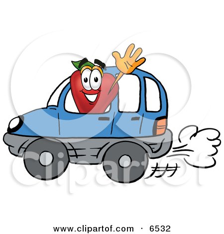 Red Apple Character Mascot Waving While Driving by in a Blue Car Clipart Picture by Mascot Junction