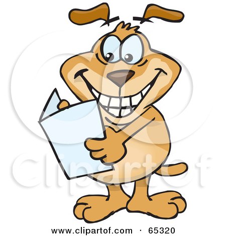 Royalty-Free (RF) Clipart Illustration of a Sparkey Dog Holding A Blank Greeting Card by Dennis Holmes Designs