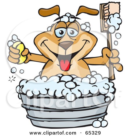 Royalty-Free (RF) Clipart Illustration of a Sparkey Dog Holding A Handled Brush And Bar Of Soap While Bathing In A Metal Tub by Dennis Holmes Designs