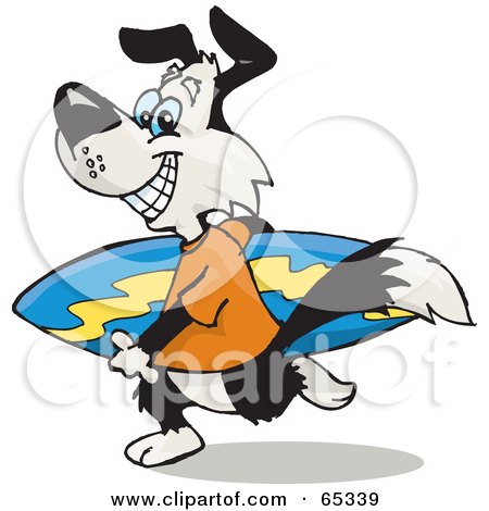 Royalty-Free (RF) Clipart Illustration of a Black And White Dog Carrying A Surf Board by Dennis Holmes Designs