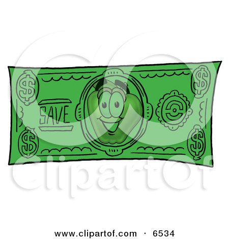 Red Apple Character Mascot on a Green Dollar Bill Clipart Picture by Mascot Junction