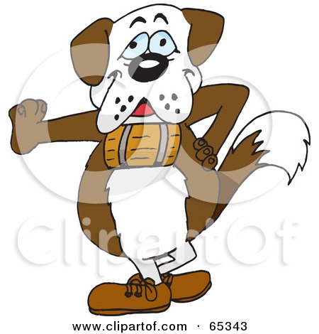 Royalty-Free (RF) Clipart Illustration of a St Bernard Dog Wearing A Barrel And Leaning by Dennis Holmes Designs