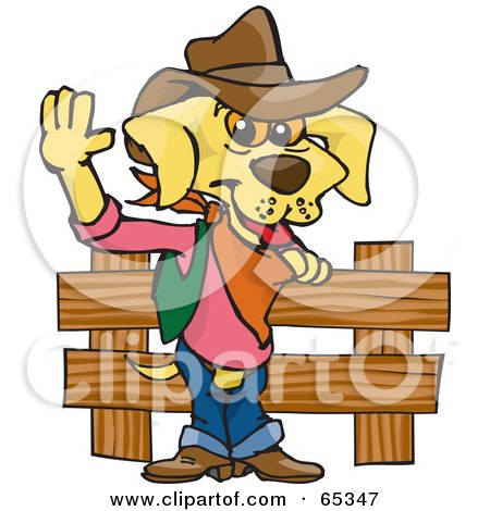 Royalty-Free (RF) Clipart Illustration of a Cowboy Yellow Lab Dog By A Wooden Fence by Dennis Holmes Designs