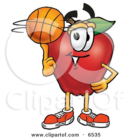 Red Apple Character Mascot Spinning a Basketball on His Finger Clipart Picture by Mascot Junction
