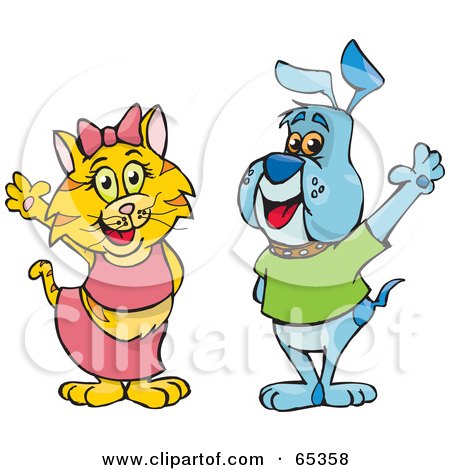 Royalty-Free (RF) Clipart Illustration of a Girly Cat And Male Dog Waving by Dennis Holmes Designs