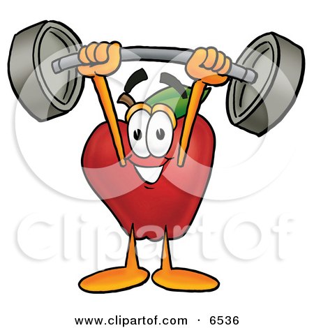 Red Apple Character Mascot Holding a Heavy Barbell Above His Head Clipart Picture by Mascot Junction