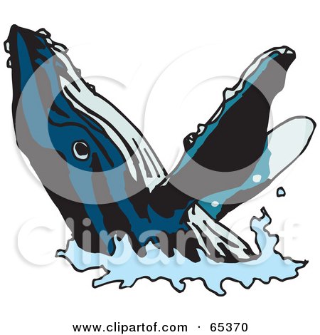 Royalty-Free (RF) Clipart Illustration of a Blue Whale With Black Stripes Emerging From The Water by Dennis Holmes Designs