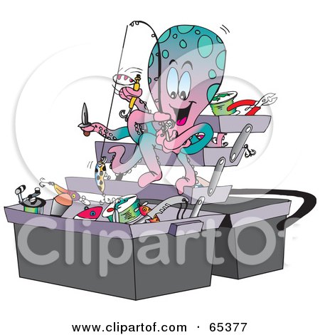 Royalty-Free (RF) Clipart Illustration of an Octopus Fishing Junk Out Of A Tackle Box by Dennis Holmes Designs