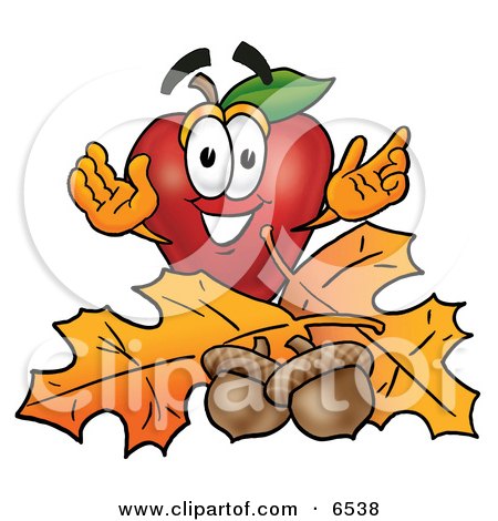 Red Apple Character Mascot With Acorns and Fall Leaves in Autumn Clipart Picture by Mascot Junction