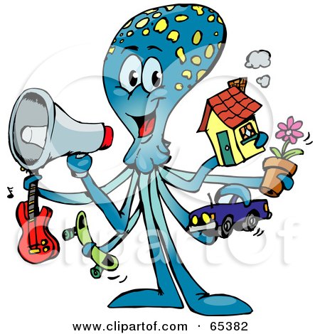Royalty-Free (RF) Clipart Illustration of a Blue Octopus Holding A Megaphone, Guitar, Skateboard, Car, Flower And House by Dennis Holmes Designs