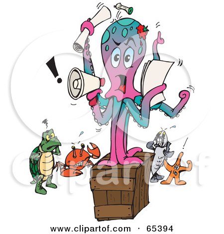 Royalty-Free (RF) Clipart Illustration of a Bossy Octopus On A Box, Shouting Out Instructions by Dennis Holmes Designs