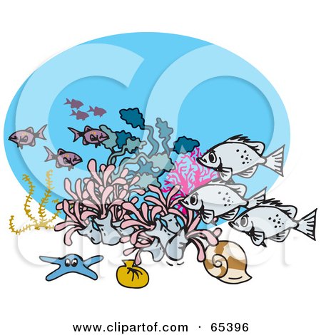 Royalty-Free (RF) Clipart Illustration of a Starfish, Snail, Corals And Marine Fish Swimming In The Sea by Dennis Holmes Designs