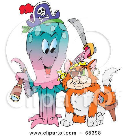Royalty-Free (RF) Clipart Illustration of a Pirate Octopus And Cat by Dennis Holmes Designs