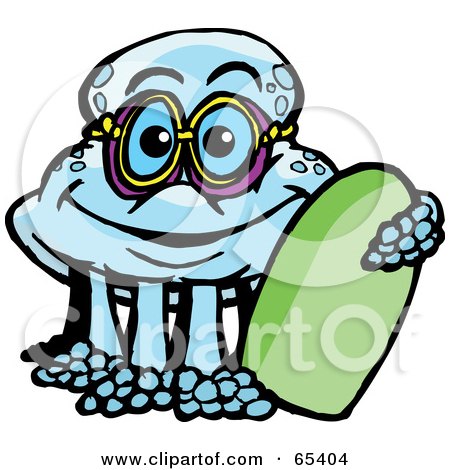 Royalty-Free (RF) Clipart Illustration of a Blue Jellyfish Wearing Goggles And Holding A Boogie Board by Dennis Holmes Designs