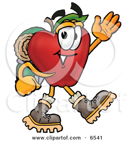 Red Apple Character Mascot Hiking and Carrying a Backpack Clipart Picture by Mascot Junction
