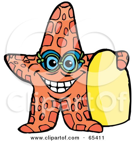 Royalty-Free (RF) Clipart Illustration of a Happy Orange Starfish Wearing Goggles And Holding A Boogie Board by Dennis Holmes Designs