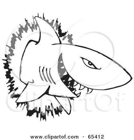 Royalty-Free (RF) Clipart Illustration of a Black And White Outline Of A Shark Crashing Through A Wall by Dennis Holmes Designs