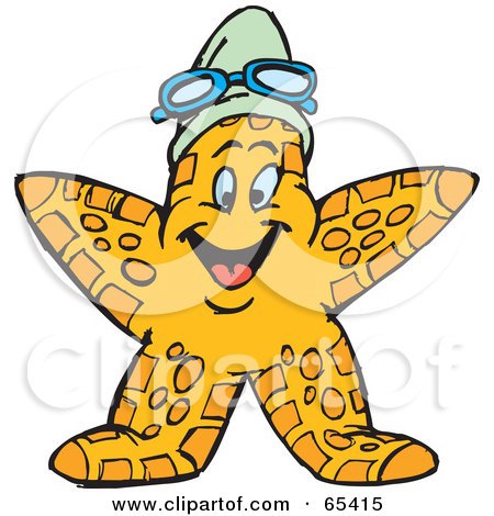 Royalty-Free (RF) Clipart Illustration of a Happy Yellow Starfish Wearing A Swim Cap And Goggles by Dennis Holmes Designs