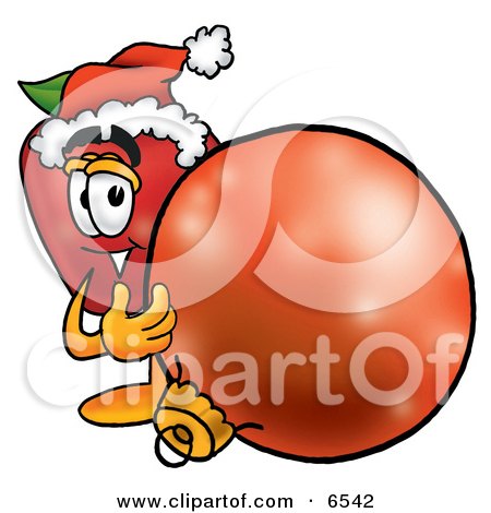 Red Apple Character Mascot Wearing a Santa Hat, Next to a Christmas Bauble Clipart Picture by Mascot Junction