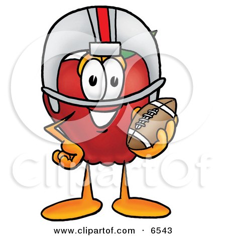 Red Apple Character Mascot in a Helmet, Holding a Football Clipart Picture by Mascot Junction