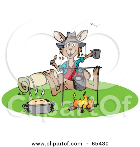 Royalty-Free (RF) Clipart Illustration of a Kangaroo Hanging Out Beside A Camp Fire by Dennis Holmes Designs