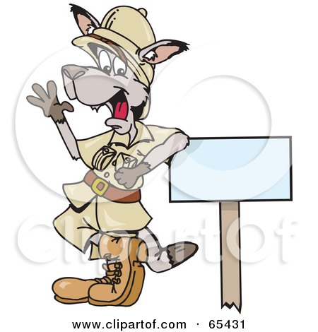 Royalty-Free (RF) Clipart Illustration of a Safari Kangaroo Leaning On A Sign And Waving by Dennis Holmes Designs