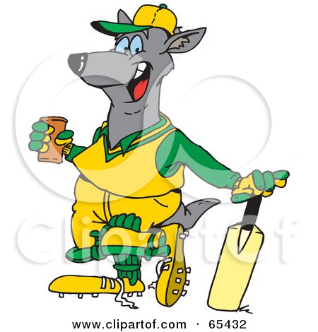 Royalty-Free (RF) Clipart Illustration of a Kangaroo Taking A Break From A Cricket Game To Drink by Dennis Holmes Designs